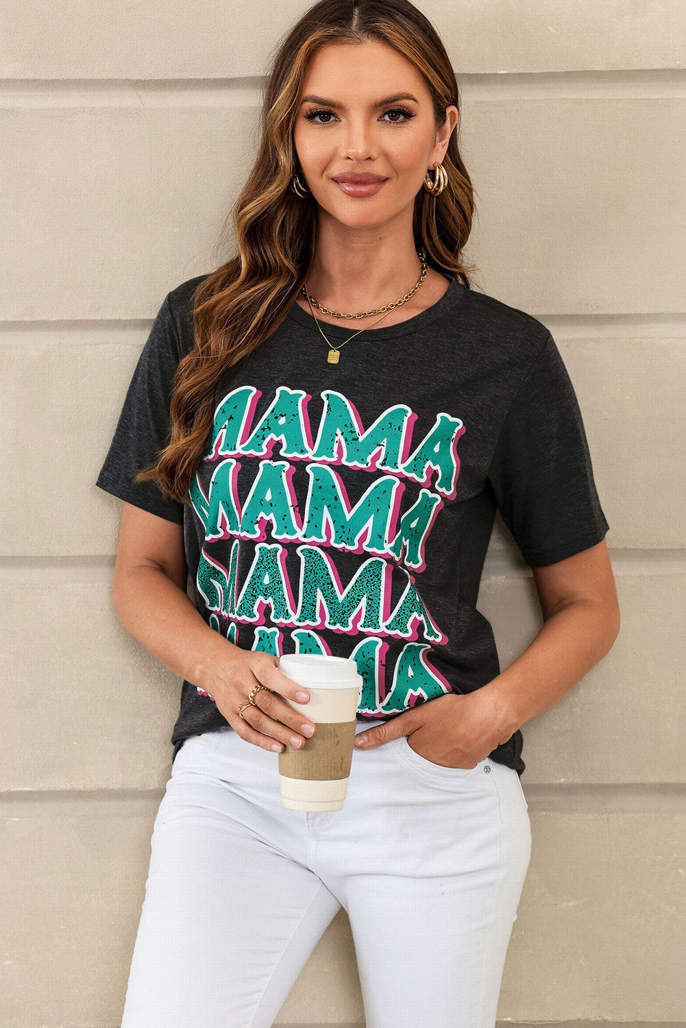 Leopard MAMA Letter Print T Shirt