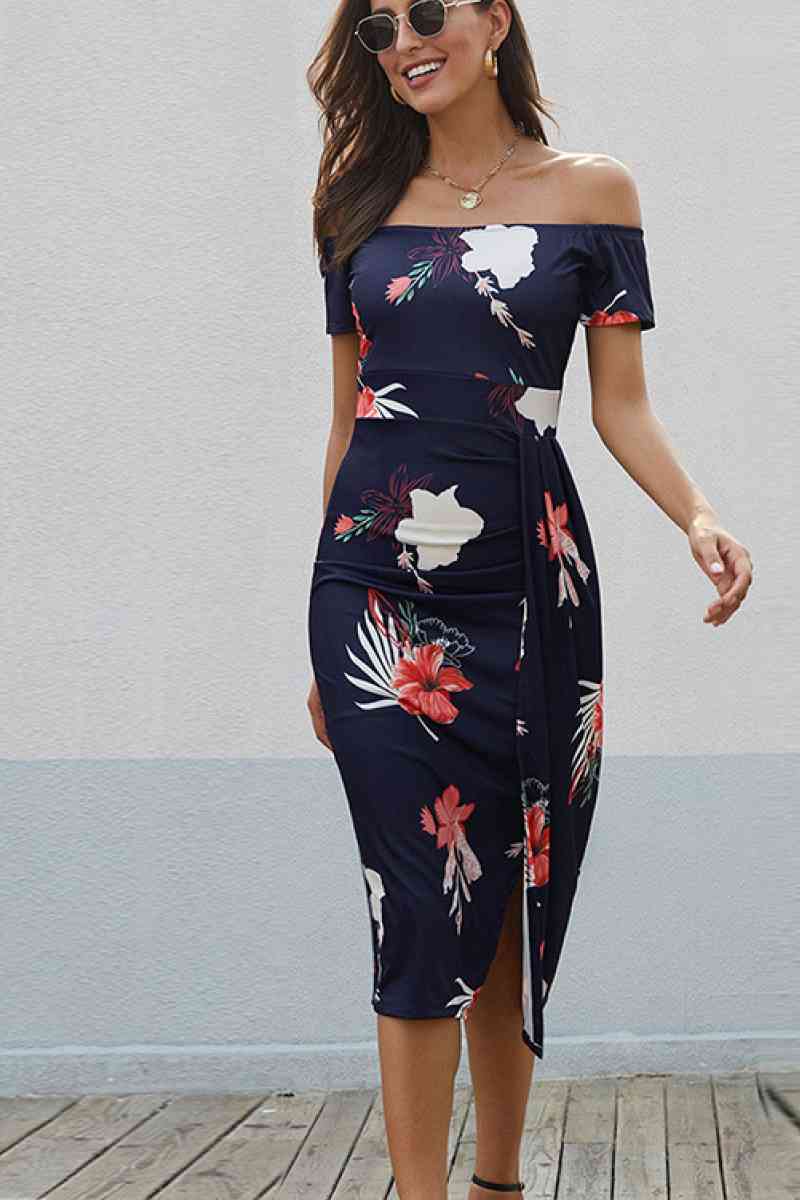 Floral Off Shoulder Slit Wrap Dress