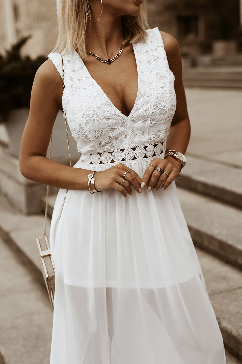 Lace Plunge Sleeveless Maxi Dress with Split