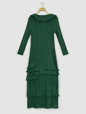 Frill Trim Accordion Pleated Roll Collar Dress