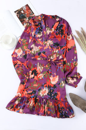 Abstract Print Belted Ruffle Hem Dress