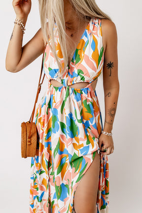 Printed Cutout Tied Plunge Maxi Dress with Split