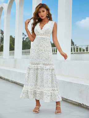 Printed Lace Detail Tiered Maxi Dress