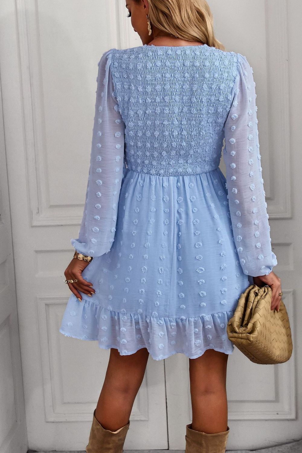 Swiss Dot Smocked V-Neck Ruffled Hem Dress