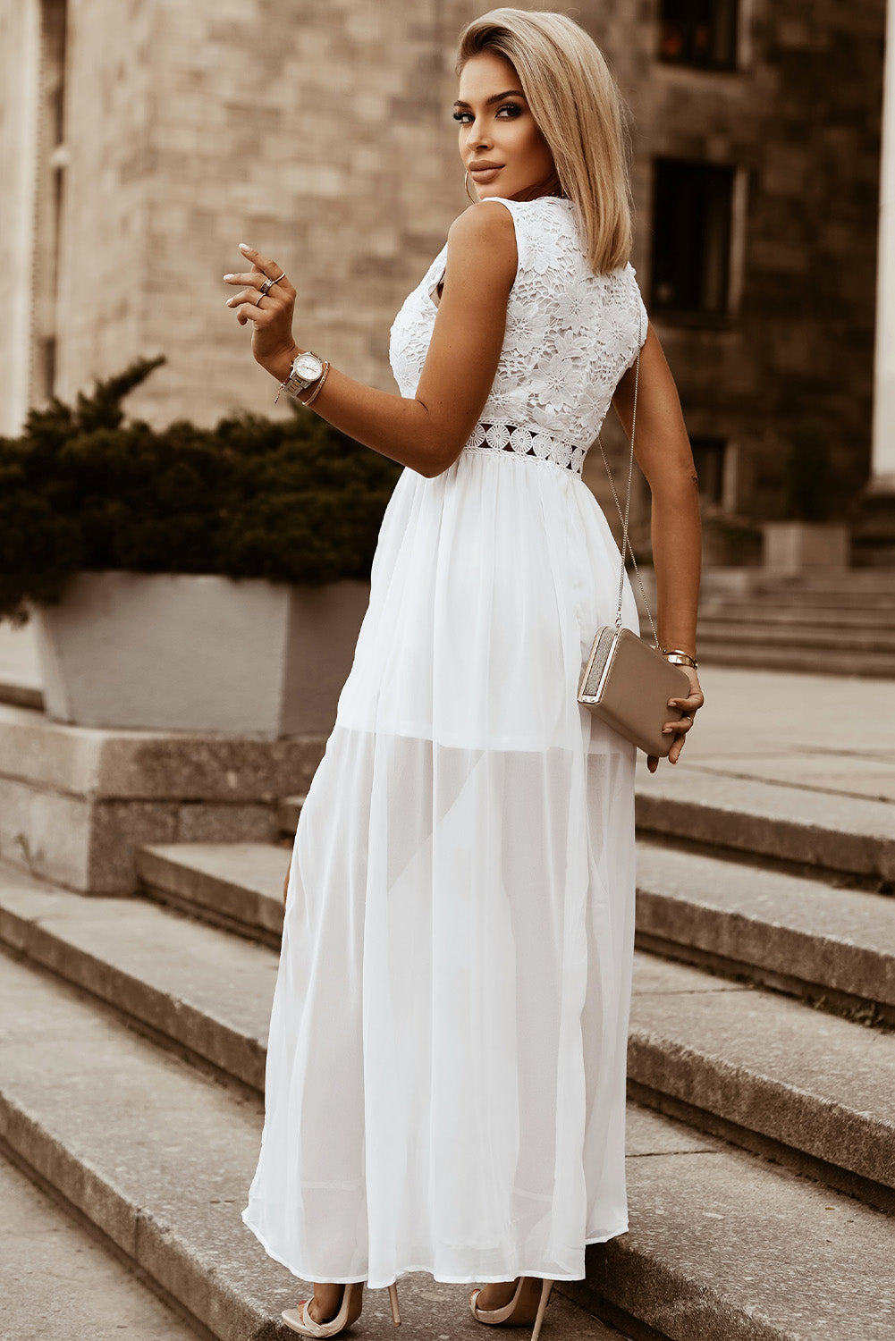 Lace Plunge Sleeveless Maxi Dress with Split